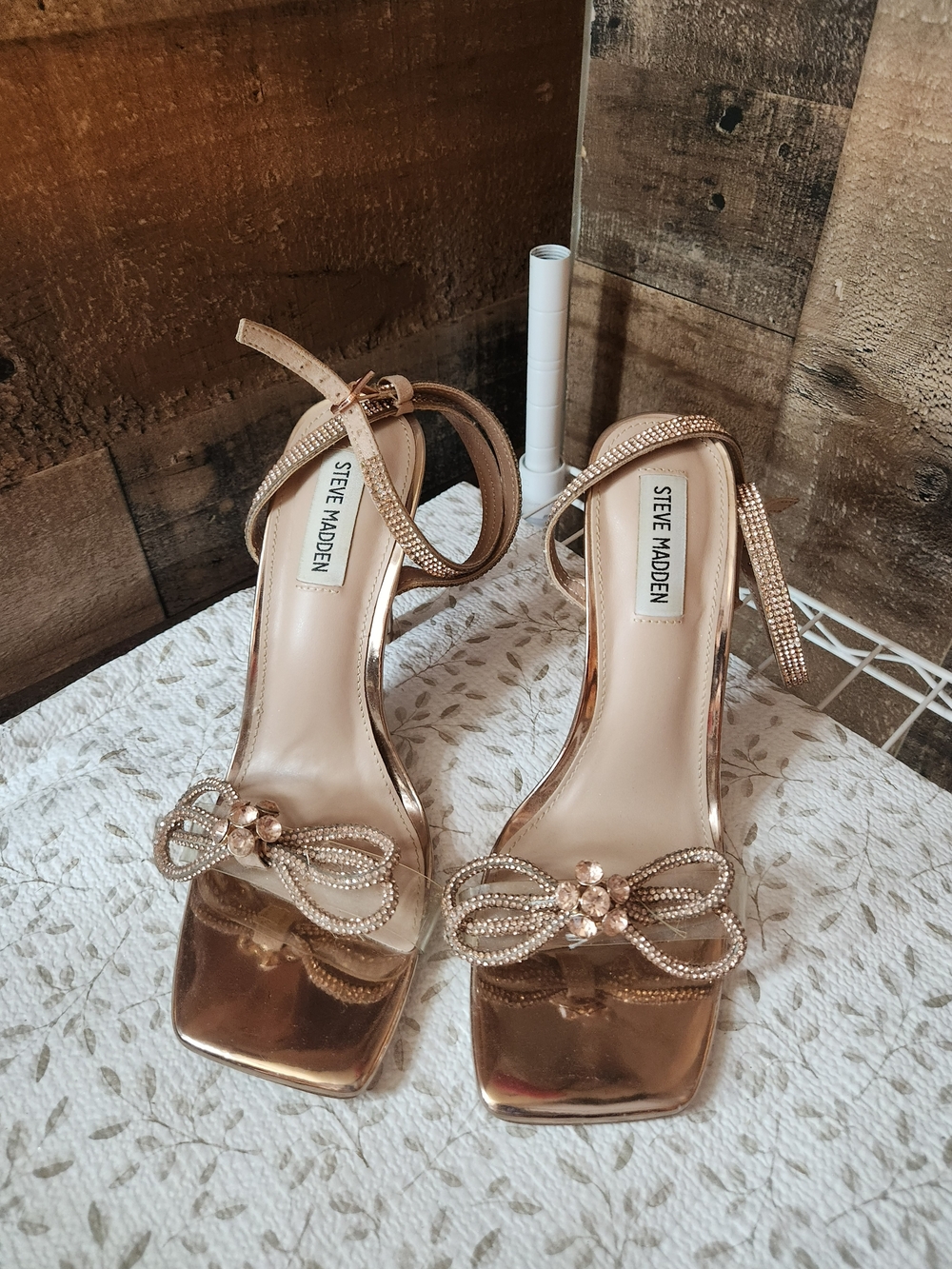 Steve Madden Metallic Rose Gold Bow Ankle-Strap Heels